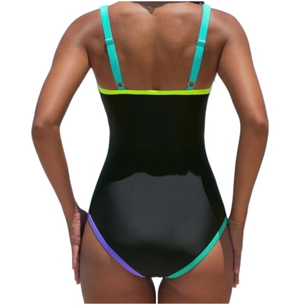 Popvil Womens One Piece Swimsuit Tummy‎ Control Retro Neon Black Small - Picture 3 of 5